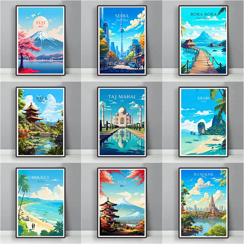 ملصق المناظر الطبيعية للسياحة الآسيوية ، بناء الشاطئ ، الجبل ، قماش اللوحة ، سيتي سكيب ، جدار الفن ، ديكور المنزل ، اليابان ، تايلاند ، الهند #1