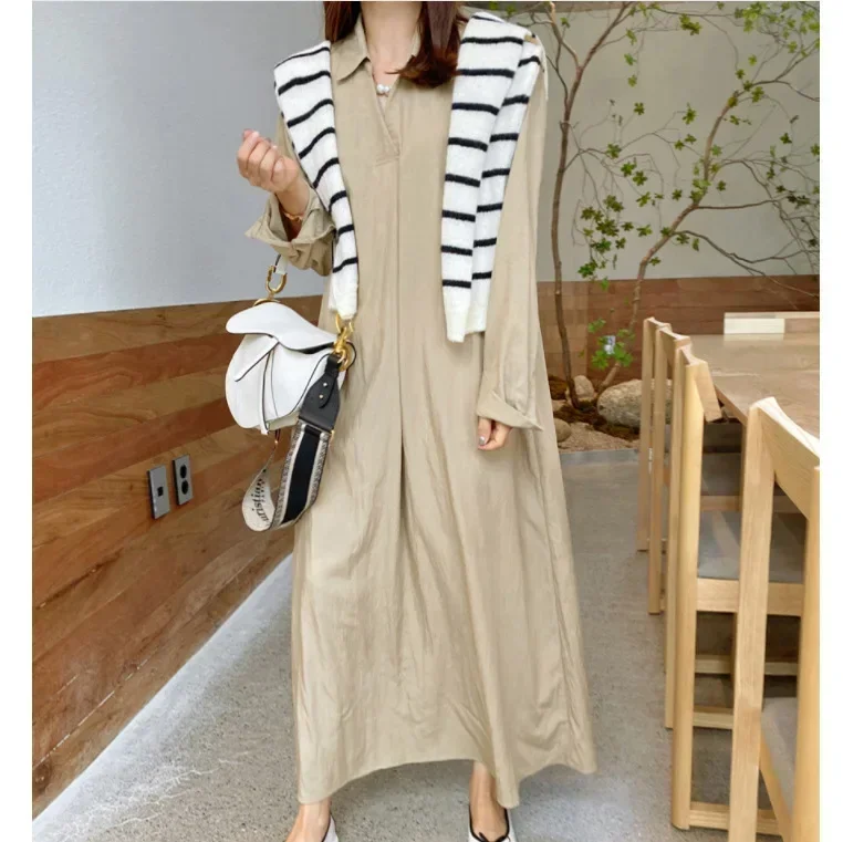 2024 Spring Cotton Linen Women Dresses Long Black V-neck Long Sleeve Loose Oversize Dresses Female Casual Trendy Ladies Clothes