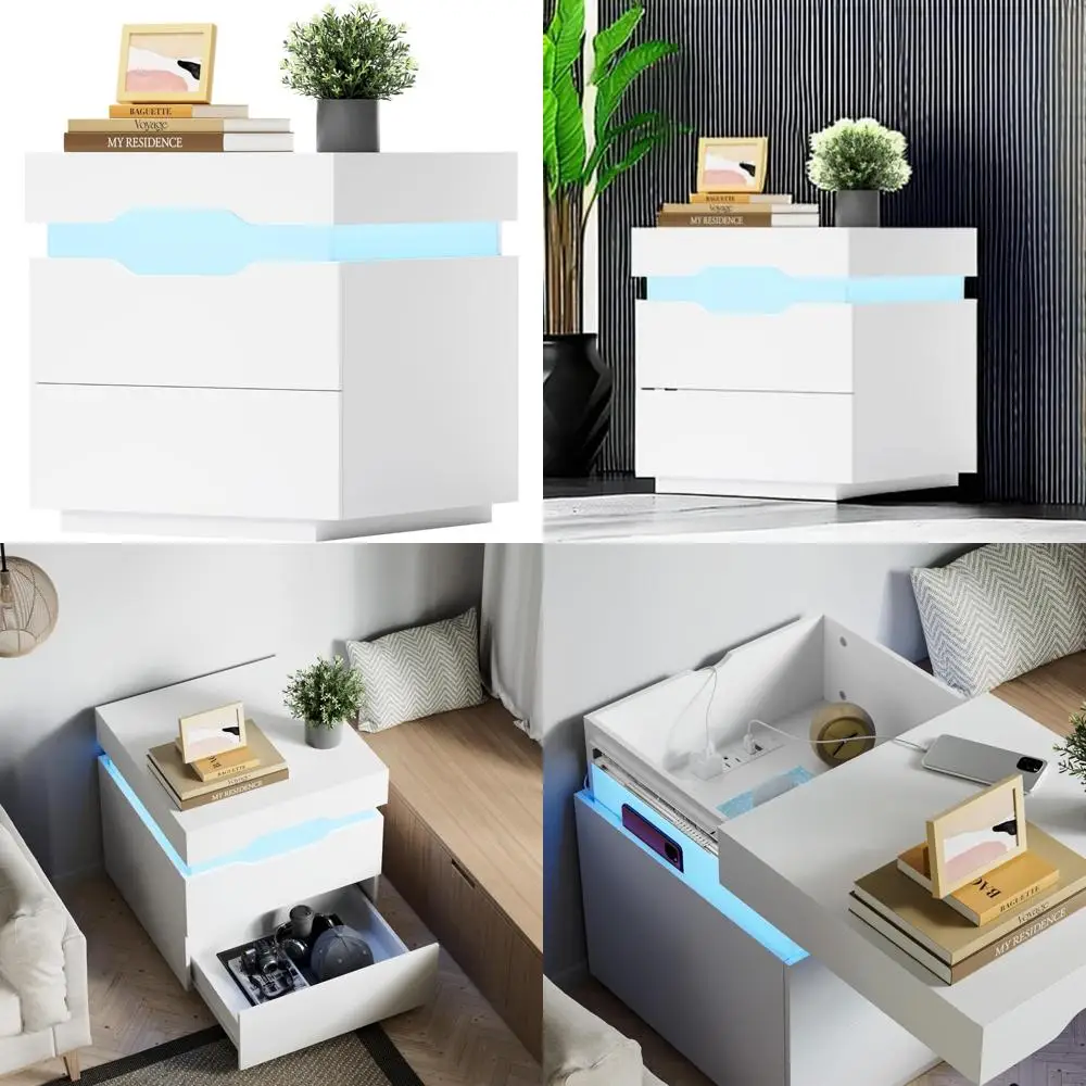 

contemporary led nightstand with charging port and sliding drawers for bedroom