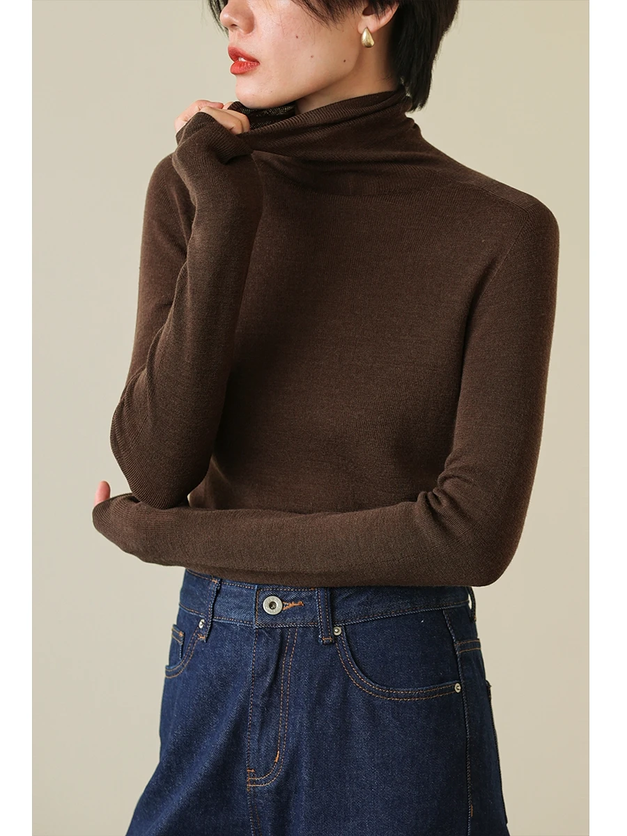 

Женский шерстяной свитер без ворса, облегающий, с высоким воротником, вязаный, цельный, комфортный, теплый, модный, Neline