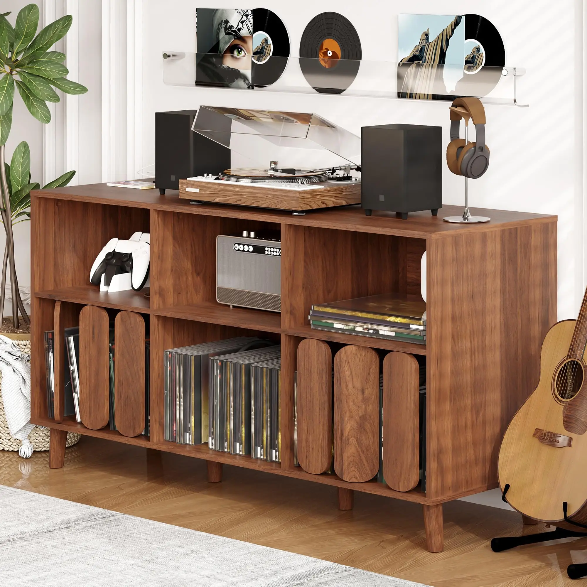 55in Record Player Stand With Charging Station, Vinyl Record Storage Cabinet With USB Ports, Turntable Table Media Console For Living Room