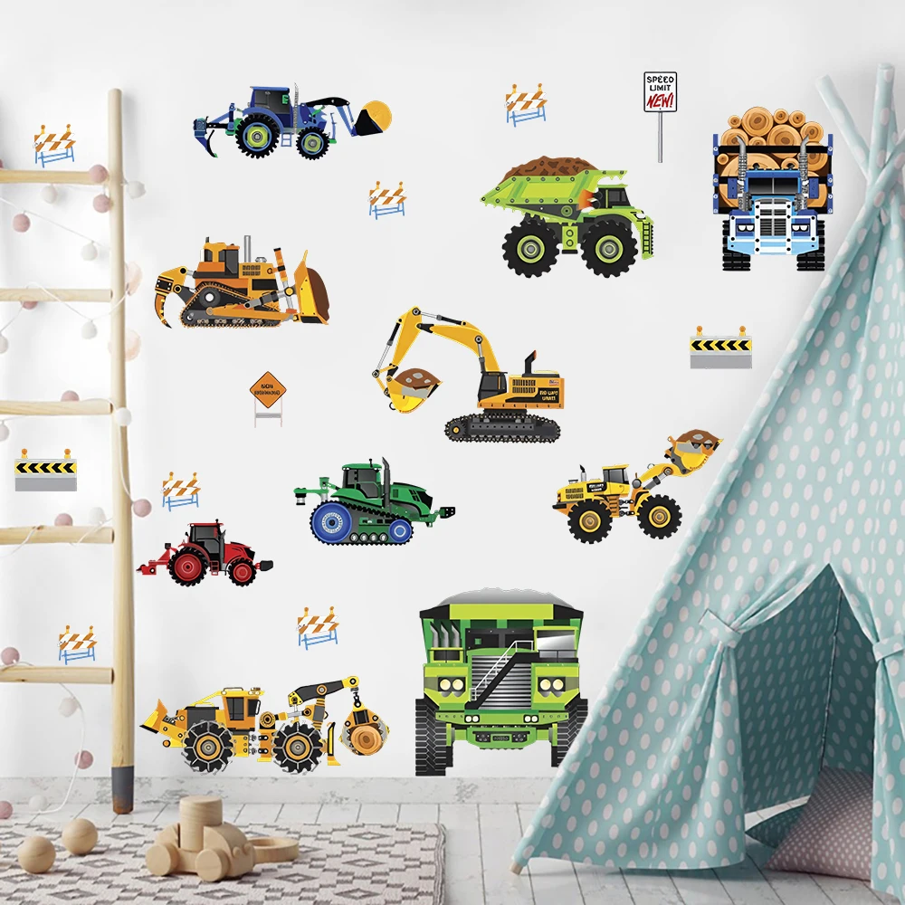 Cartoon Construction Vehicles Wall Stickers New Speed Limit Auto Truck Digger Wall Decals Baby Nursery Kids Room Wall Decor