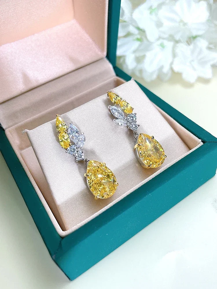 100% 925 Sterling Silver Earrings with Yellow Droplets Inlaid Imported High Carbon Diamond Temperament Wedding Jewelry Wholesale