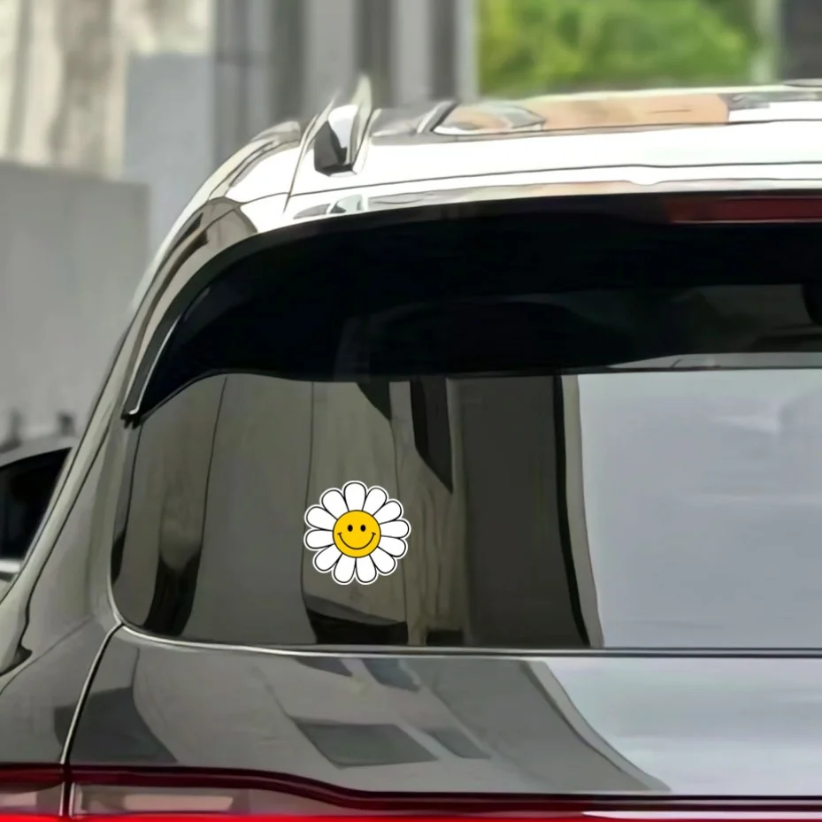 1 قطعة لطيف ابتسامة زهرة الأقحوان ملصق بتلات بيضاء مركز أصفر لاصق مائي لسيارة الكمبيوتر المحمول الهاتف ديكور
