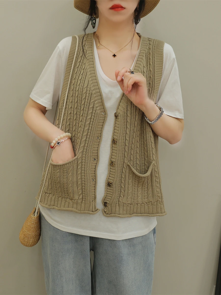 

Свободный женский вязаный жилет 2024, осенняя новинка, хлопок, V-образный вырез, на одной пуговице, цветная верхняя одежда