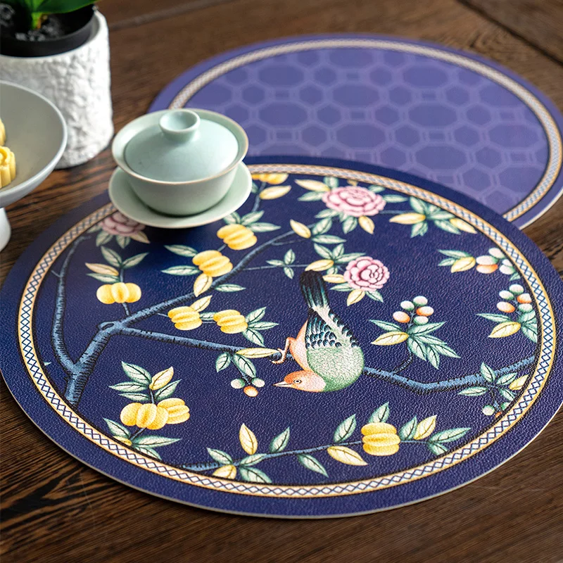 

Bird Placemats Set of 2 Flowers,Non-Slip, Blue Leather Coaster,Dining Room,Kitchen,New Chinese Placemats,Blooming Flowers