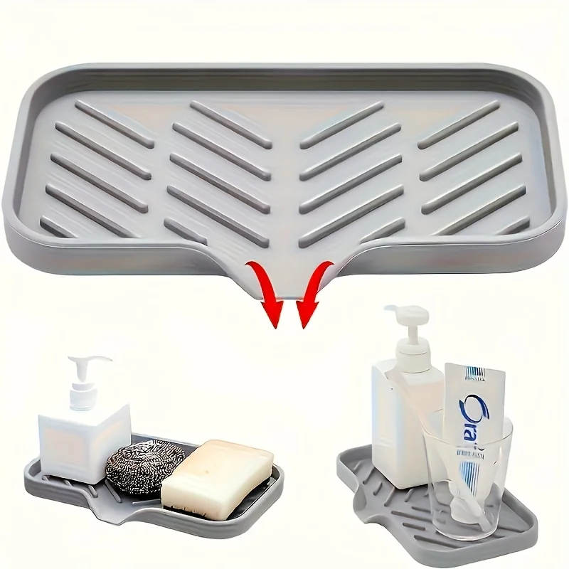 Silicone kitchen sink tray with drainage holes, suitable for countertop cleaning pads with brushes, sponges, and soap