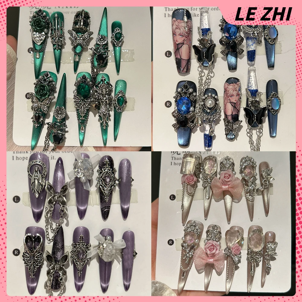 

Shining Rhinestone Cat Eyes Handmade Long Stiletto Fake Nails Hello Kitty Kuromi Metal Butterfly Bow Flower Pearl Press On Nails