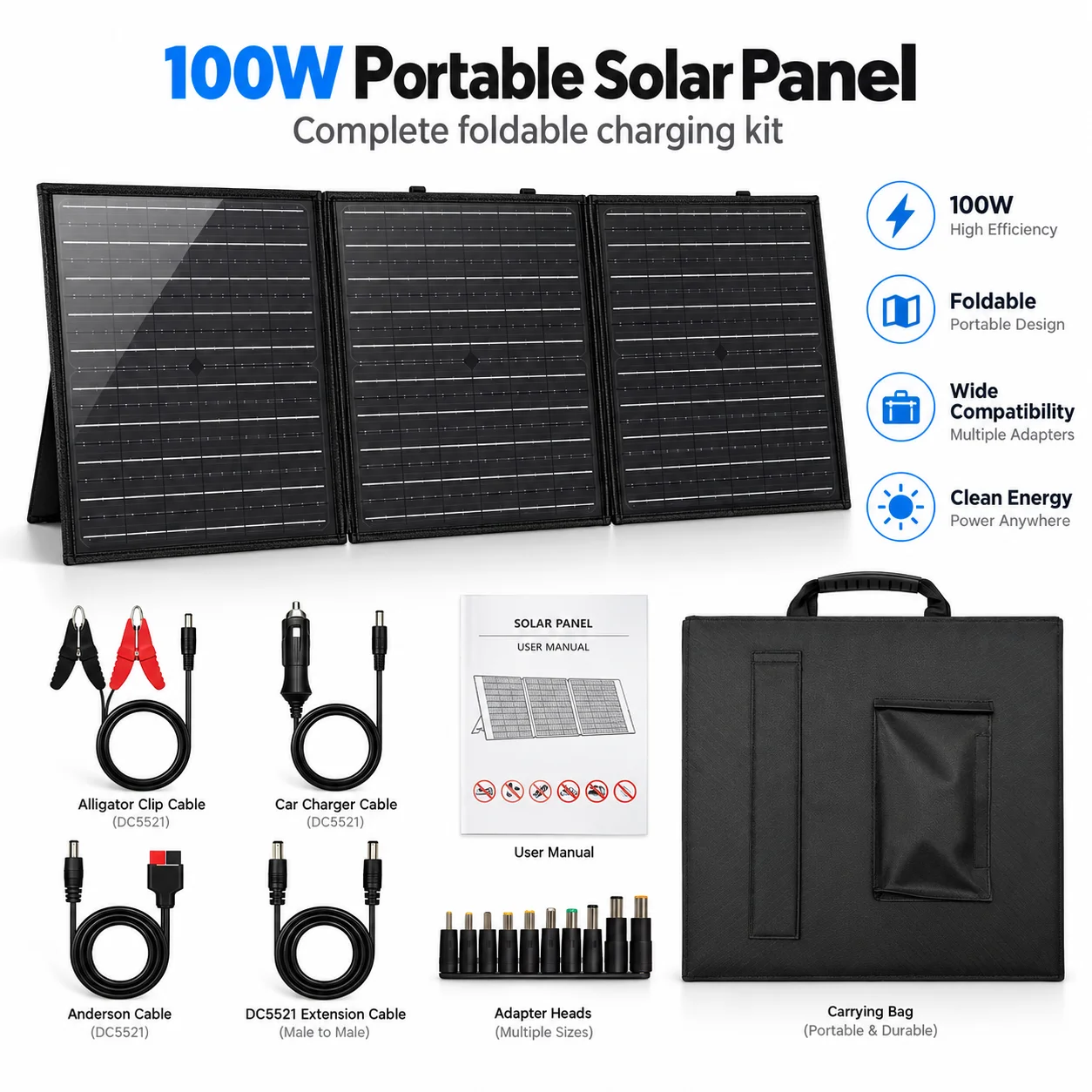 Pannello solare pieghevole da 100 W con interfaccia USB Type-C, pannello solare portatile monocristallino per la ricarica, kit completo per campeggio, viaggi e alimentazione.