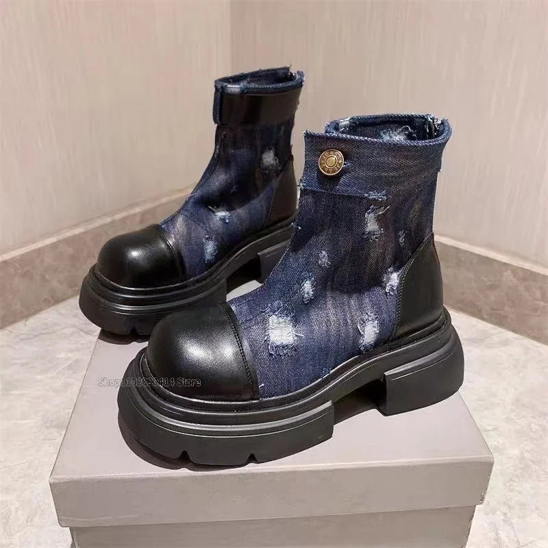 Mixed Color Square Buckle Decor Denim Boots Front Zipper Women Shoes Round Toe Retro Fashionable Novel 2023 Zapatos Para Mujere