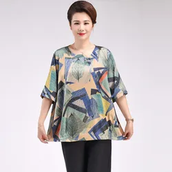 Women Summer Fashion Loose Large Size Silk Printing O-neck Short Sleeve Shirts Women Clothes Simplicity Fashionable Top Tee