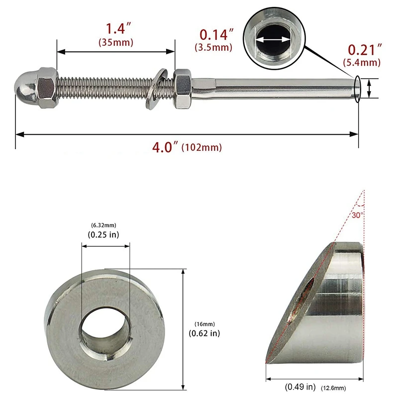Professional 20 Pairs 1/8 Inch Cable Railing Kits 30 Degree Beveled Washer Threaded Stud Tension End Fitting Terminal For Deckin