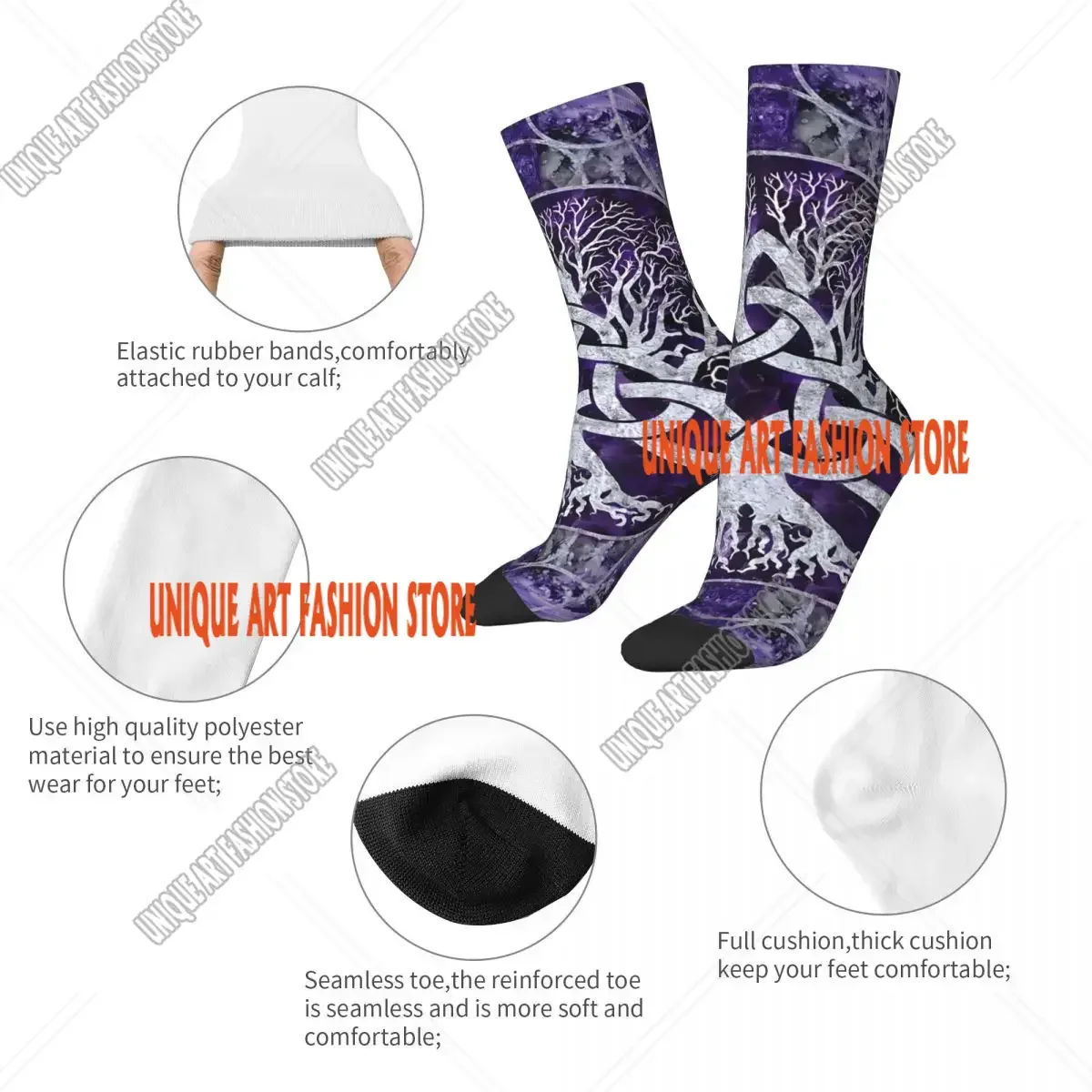 Tree Of Life With Triquetra Amethyst And Silver Men's Socks Retro Harajuku Street Style Novelty Seamless Crew Sock