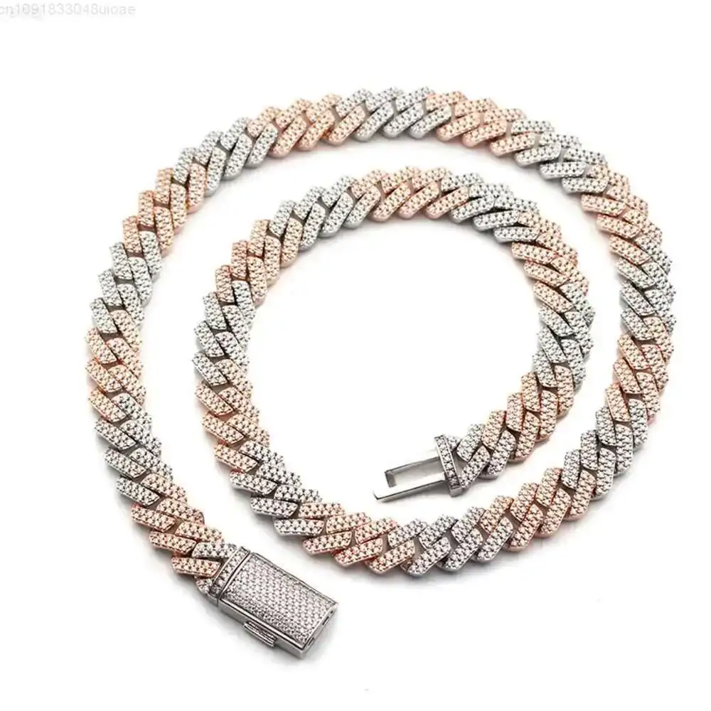 

Bust Down Miami Cuban Two Tone Iced Out S925 Sterling Silver Moissanite 12mm 2rows Gold Plated Link Chain