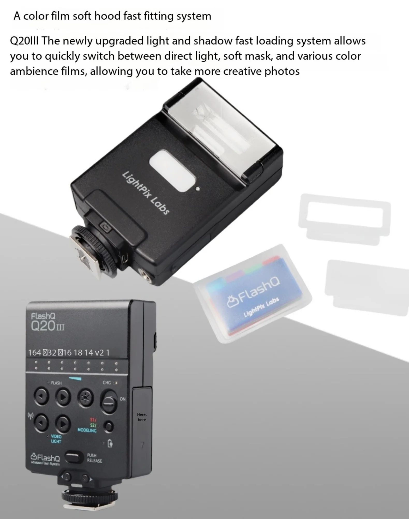 LightPix Fuji XM5 Sony ZVE10 Nikon Canon Universal On-camera 용 무선 플래시 트리거가 장착 된 새로운 Q20II Q20III 미니 플래시