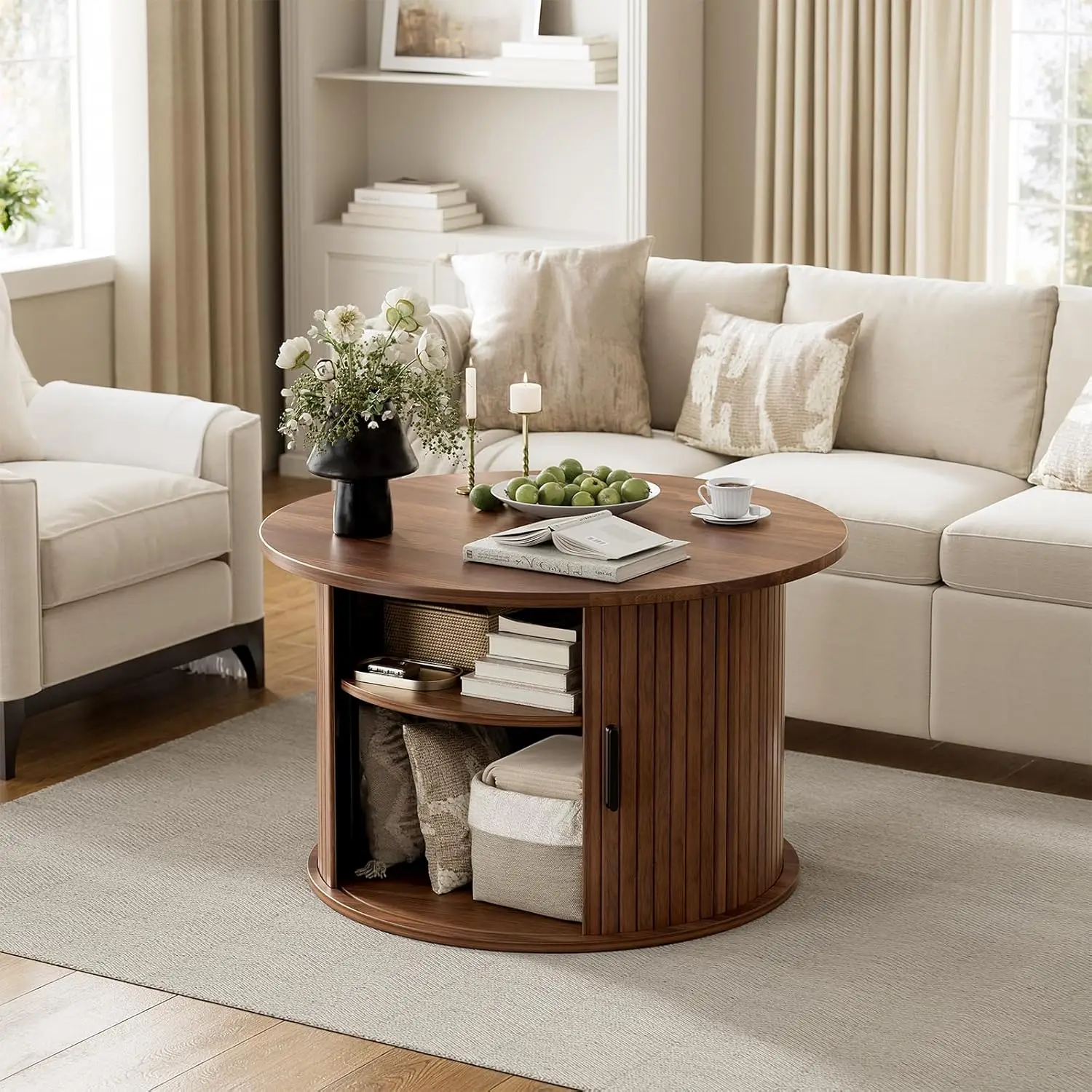 Round Lift Top Coffee Table, Fluted Wood Accent Coffee Table with Hidden Storage and Open Shelves, Drum Table with Sliding Rolli