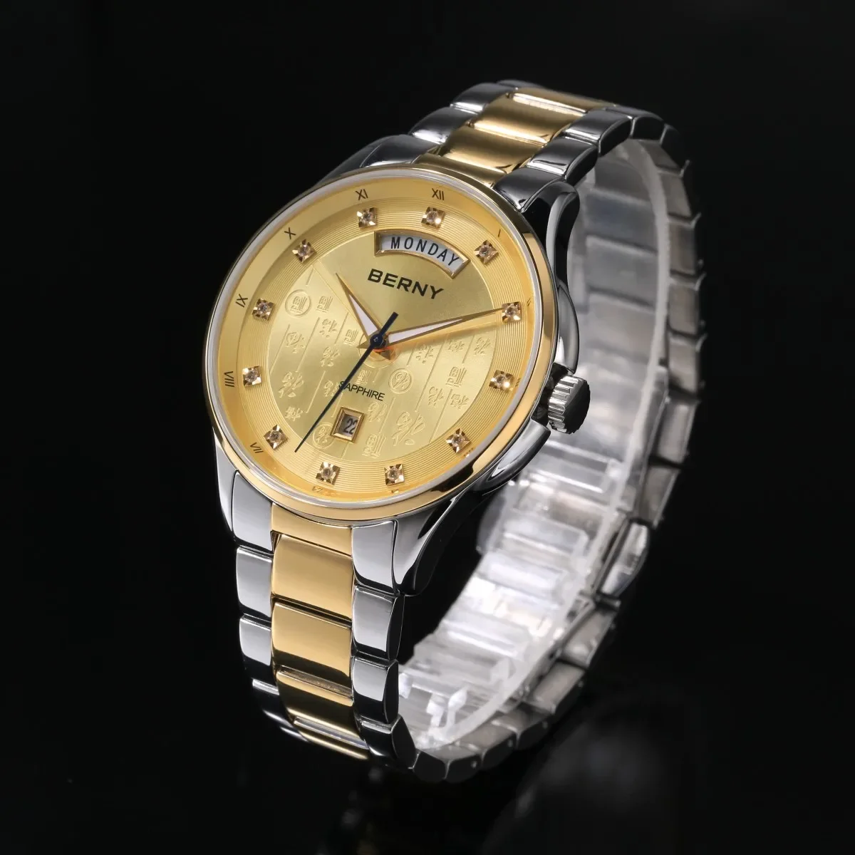 BERNY Golden Watches for Men Luminous Date Weeks Sapphire Quartz Men Watch Good Fortune and Blessings for Friend Father Gift