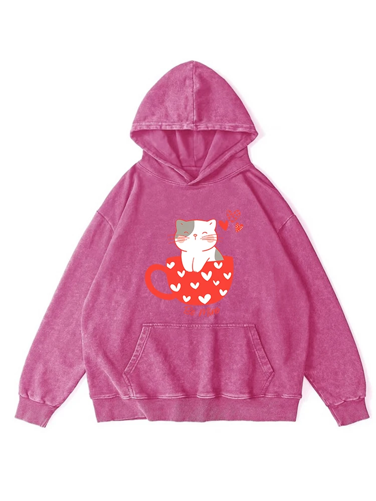 Sudadera con capucha de algodón lavada desgastada con estampado Kawaii de gato en la Copa para mujer, jersey informal de calle con capucha para otoño, Jersey holgado y cálido para mujer