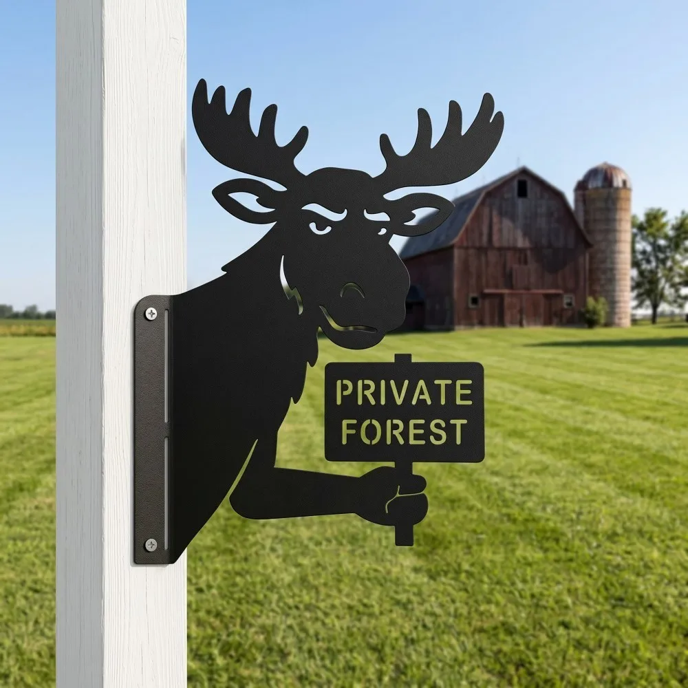 2D 1pc Moose Metal Yard Sign, 'Private Forest' Peeking Moose Outdoor Decor, Black Metal Art for Fence Post & Garden