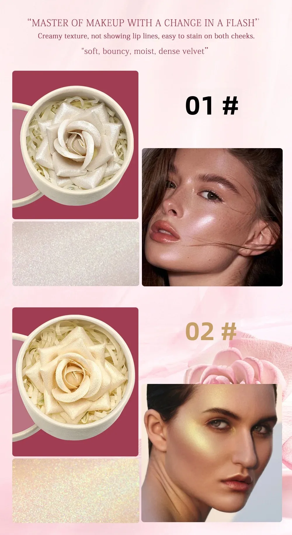 SAM SUGAR 3D fard rosa tridimensionale, lucido, migliora naturalmente la carnagione, piccoli petali, trucco nudo COLORE:01