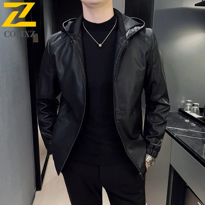 

COMXZ уличная велосипедная мужская кожаная куртка с капюшоном, удобные куртки на молнии, однотонная легкая осенняя ветровка премиум-класса