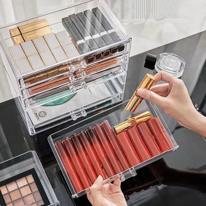 

Ящик для хранения косметики, акриловый прозрачный органайзер с разделенным ящиком, большая вместимость, настольный компактный пыленепроницаемый