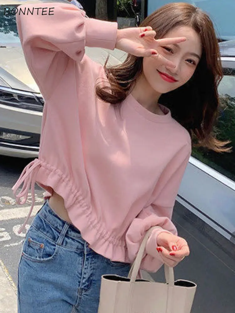 

Sweatshirts Women Shirring Ulzzang Simple Classic Students Leisure Solid All-match Streetwear Loose Sweet Office O-neck Spring