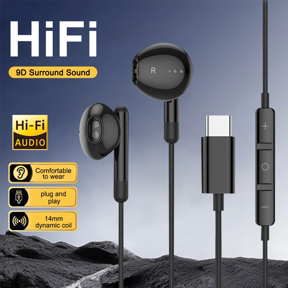 Cuffie cablate USB C Auricolari stereo HiFi con controllo del volume da 3,5 mm con microfono per Samsung Galaxy iPhone 16 15 Huawei