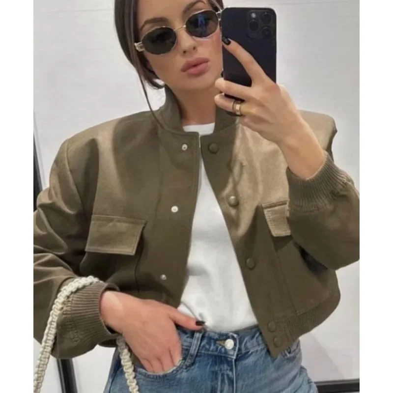 Women Lapel Collar Cropped Jacket Multi Pockets Long Sleeve Casual Solid Color Loose Outerwear Coat