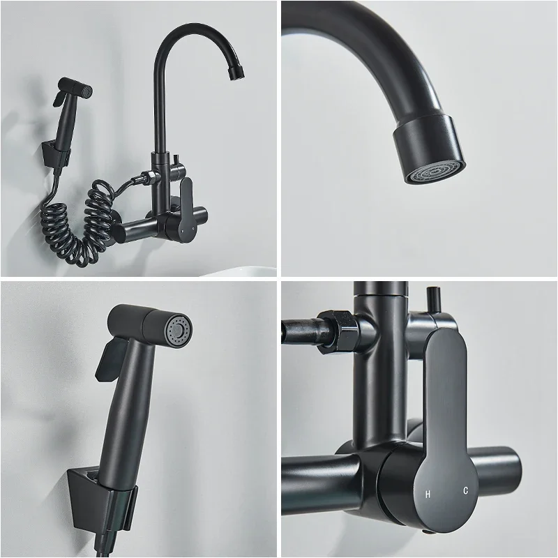 Black/ Nickel Kitchen Faucet With Spray Gun Wall Mounted Hot Cold Water Mixer Tap 360 Rotate Kitchen Sink Tap Crane Bidet Faucet