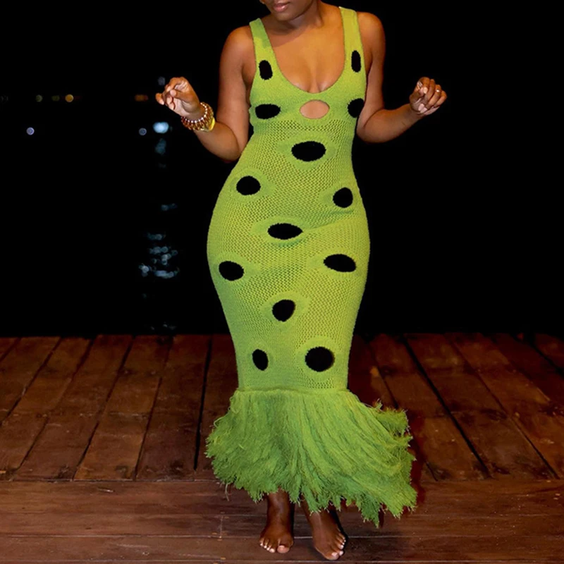 Sexy V-hals Cut-out Holle Lange Jurk Casual Mouwloze Kwastje Splicing Vrouwen Jurk Mode Polka Dot Gedrukt Slanke Feestjurk