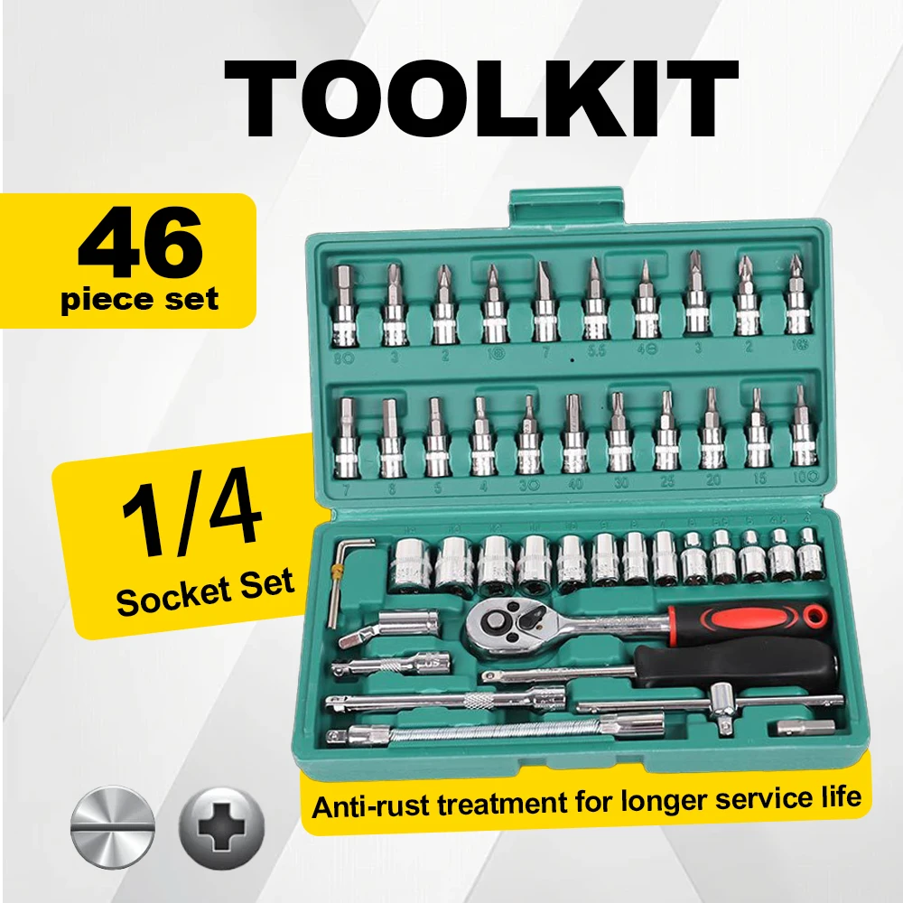 46Pc Drive Socket Set 1/4 inch Ratchet Wrench Set With Sockets Metric Hex Bit Socket Set Mechanic Tool Kit For Auto Repair House