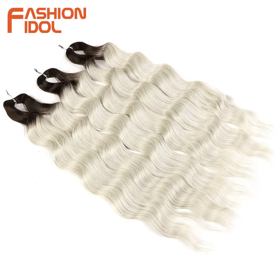 Extensiones de cabello trenzado de onda profunda sintética FASHION IDOL Lena, cabello trenzado de ganchillo con ondas de agua de 24 pulgadas, cabello falso Rubio degradado