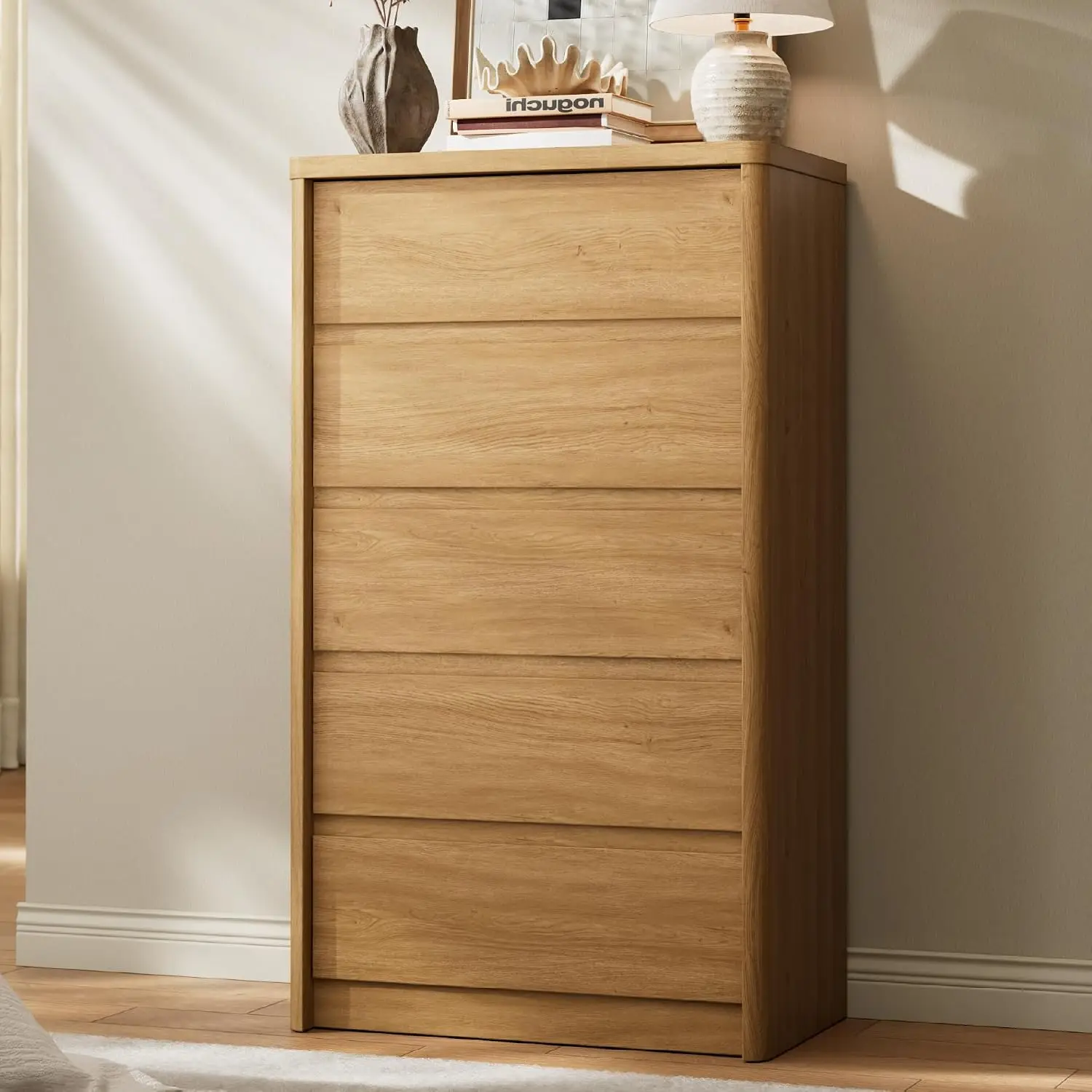 Modern 5 Drawers Dresser for Bedroom, 47.6" Tall Bedroom Dressers & Chest of Drawers w/Curved Profile, Mid Century Wood Dressers