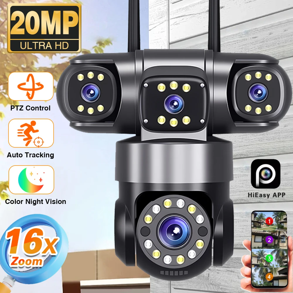 كاميرا واي فاي خارجية 10K 20MP لأمن المنزل، 4 عدسات، 4 شاشة 360 درجة °   كاميرا مراقبة لاسلكية PTZ 16X Zoom CCTV للحماية الأمنية