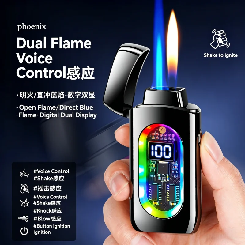 

Voice Control Creative Lighter - Windproof Dual Flame Switchable Multiple Ignition Methods Cool Gadget for Smoking Enthusiasts