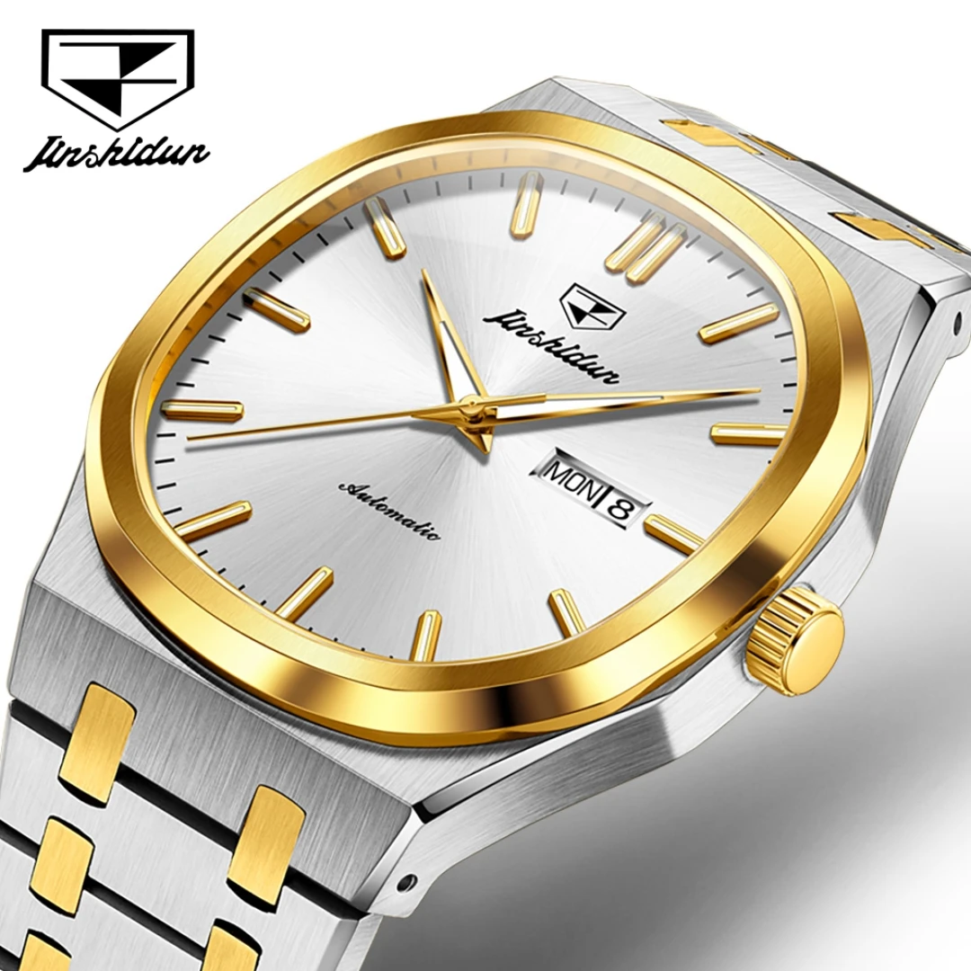 JSDUN 8966 Mechanical Fashion Watch Gift Square-dial Stainless Steel Watchband Wristwatch Week Display Calendar