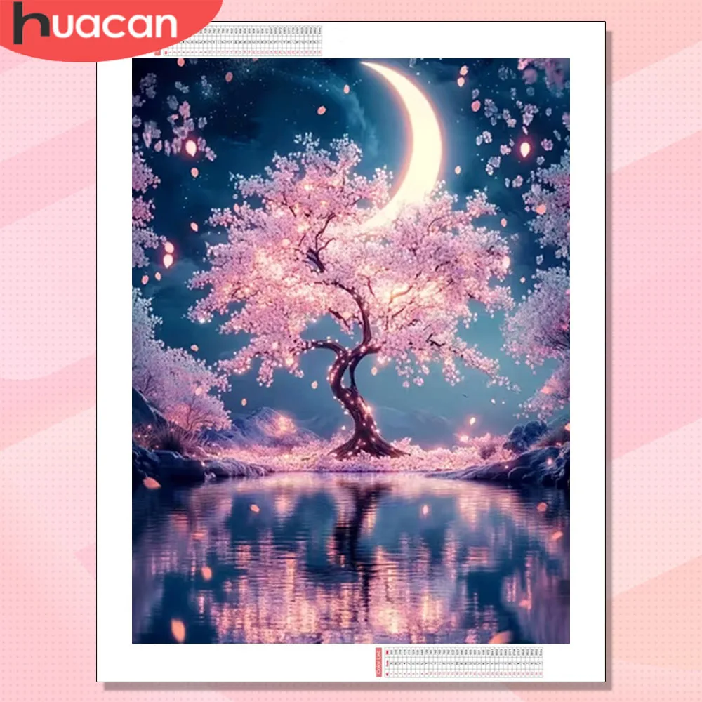HUACAN 5D Diy Diamant Mosaik Baum Landschaft Voll Platz Runde Malerei Kits Mond Dekoration Für Zuhause