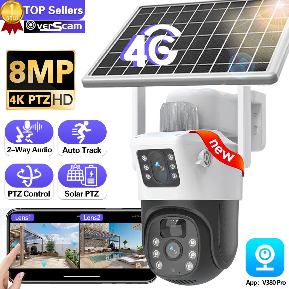 

4K 4G SIM Card Dual Lens Solar Cameras 8MP Wireless Surveillance PTZ Battery Camera Color Night Vision PIR Detection Audio V380