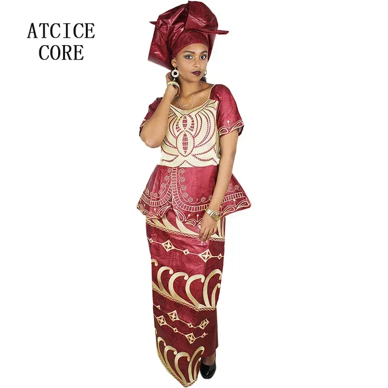African New Design Bazin Embroidery Dresses Short Rapper With Scarf Three Pcs One Set