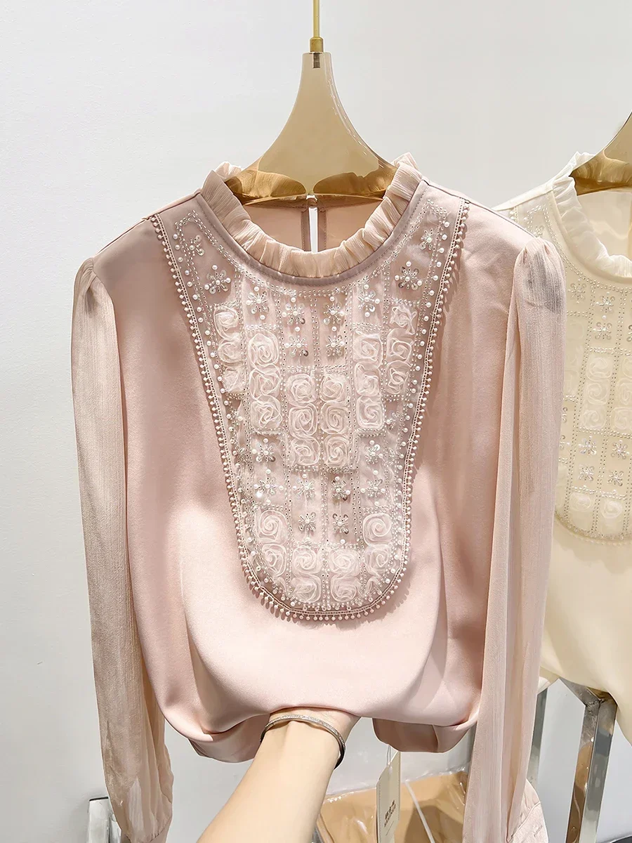 Korean Style Pure Color Stand Collar Ruffled Chiffon Shirt 2023 Autumn New Sequin Bead Lacework Pullover Puff Long Sleeve Blouse