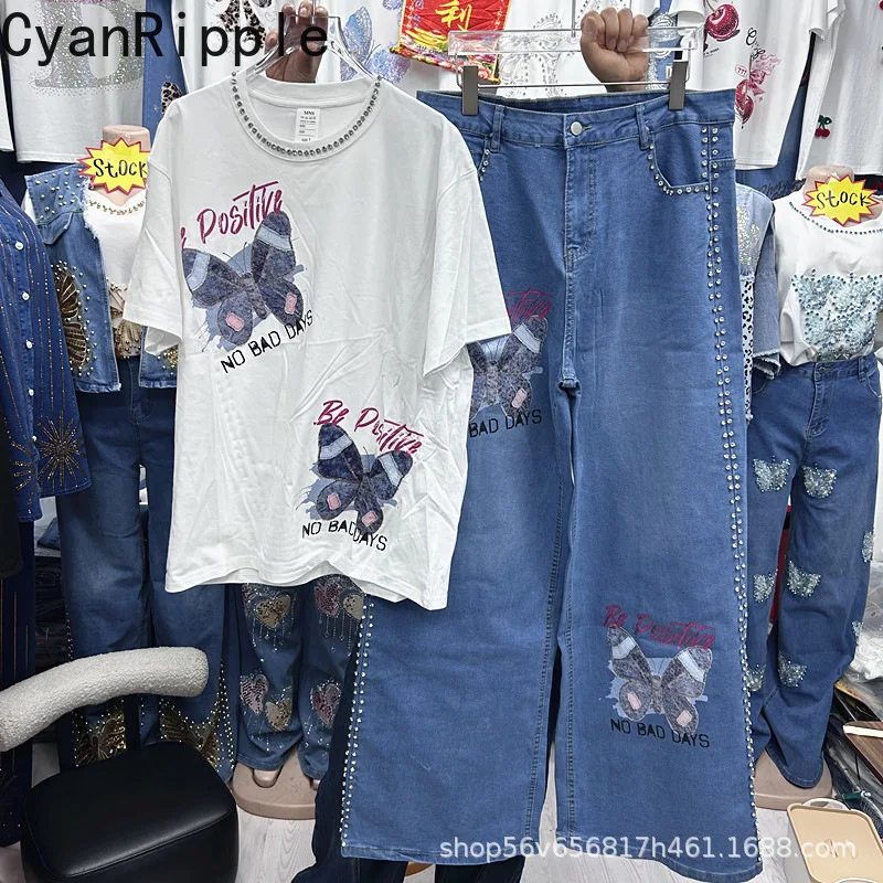 

2026 New Summer Women Two-piece Set Diamonds Butterfly Print White Short Sleeve T-shirt Top + High Waist Wide Leg Straight Jeans