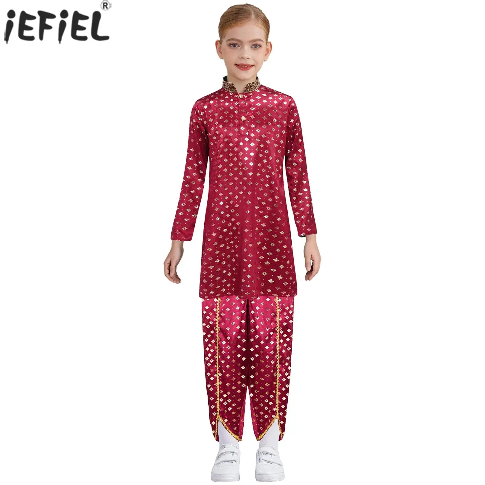 

Girls Unisex Indian Outfit Long Sleeves Metallic Satin Kurta Top with Pants for Theme Party Halloween Festival Holiday