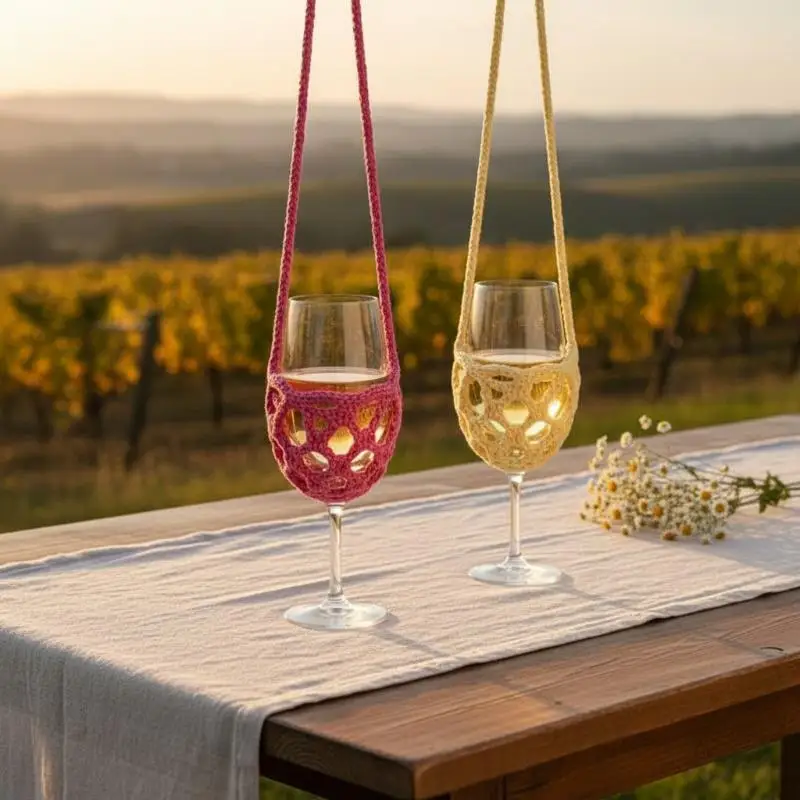 1Pcs Portable Knitted Crochet Wine Glass Crossbody Holder Hollow Knitted Wine Cup Sling Sleeve With Shoulder Strap Goblet Carry