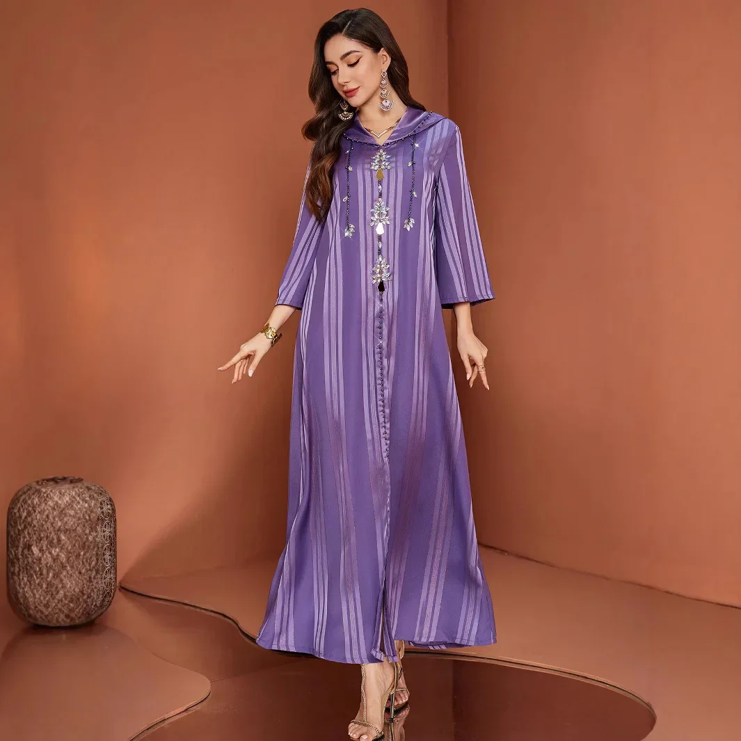Eid Dress Women Abaya Hooded gorgeous hand-stitched Diamond Muslim Long Dresses Striped Vestidos Party Caftan Jalabiya Ramadan