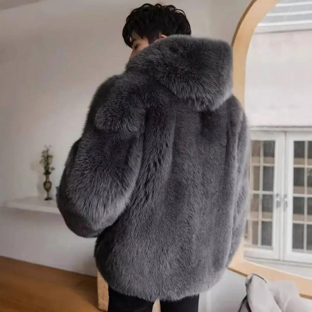 Invierno nueva moda de los hombres de Color sólido Simple básico Casual de moda elegante de lujo de manga larga con capucha abrigos de piel sintética ropa masculina