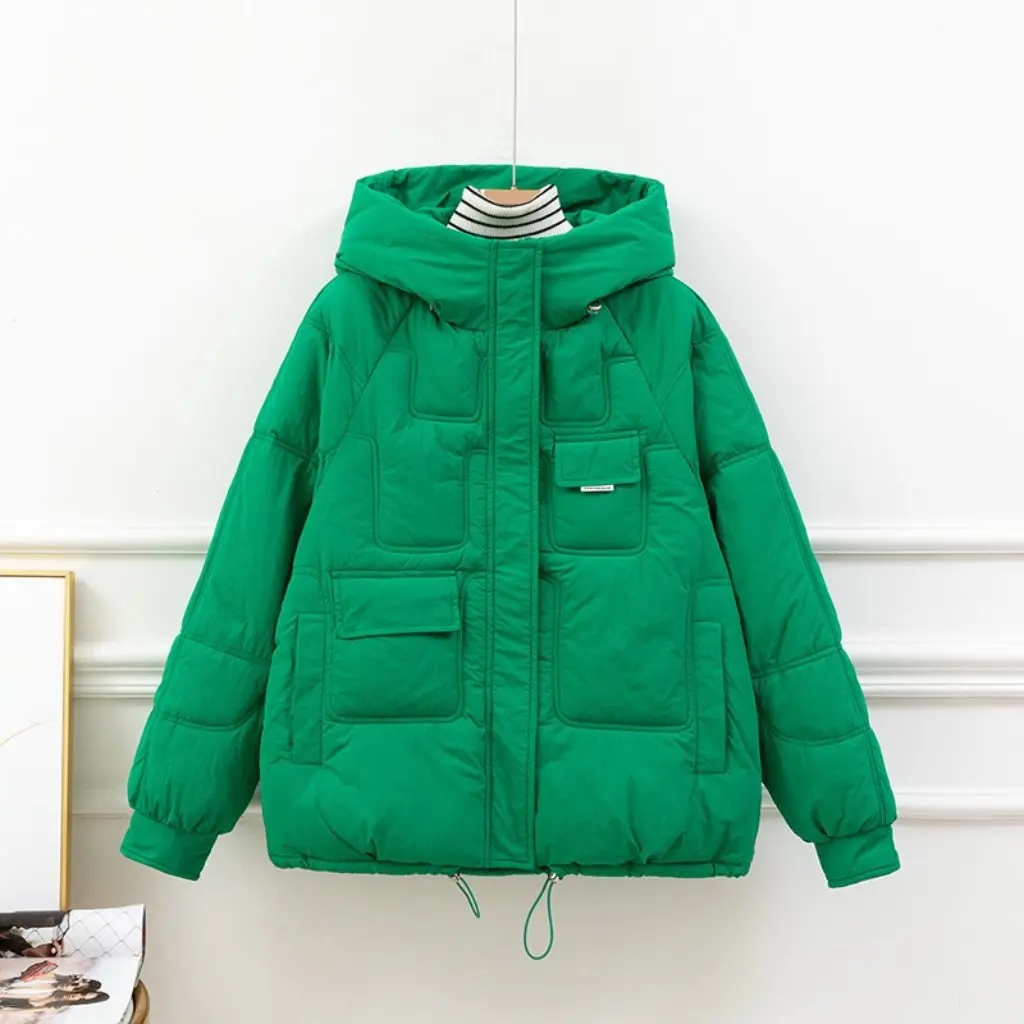 معطف شتوي قصير مبطن بالقطن للنساء، سترة دافئة بغطاء للرأس، نمط مريح، ملابس خارجية مملوءة بالقطن