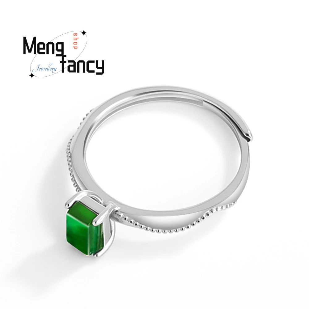 S925 Silver Inlaid Natural A-Grade Jadeite Bright Green Small Cube Sugar Saddle Ring Ice Type Jade Ring Exquisite Couple Jewelry