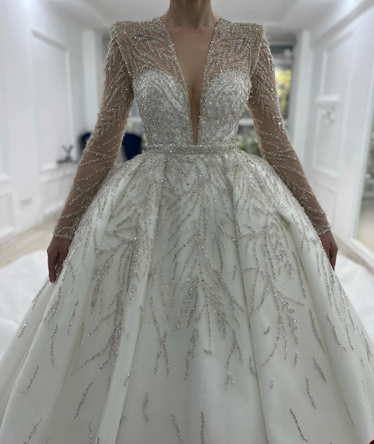 Vestidos De novia De lentejuelas ostentosas, cuello en V, mangas largas, Apliques De encaje, tren De barrido, vestidos De novia, Dubai, baile árabe