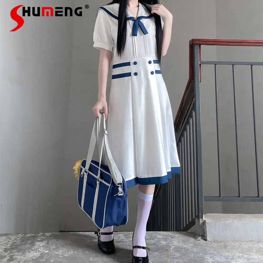 

Japanese Preppy Style JK Uniform Dress Sailor Collar Bowtie Short Sleeve High Waist Slim Fit A-line Long Dress Women's Summer